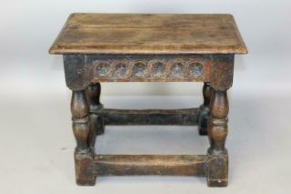 VERY RARE 17TH C PILGRIM JOINT STOOL IN OAK CARVED APRONS OLD SURFACE 5