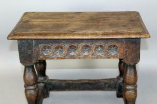 VERY RARE 17TH C PILGRIM JOINT STOOL IN OAK CARVED APRONS OLD SURFACE 6