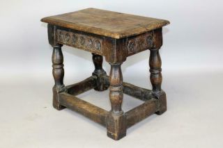 VERY RARE 17TH C PILGRIM JOINT STOOL IN OAK CARVED APRONS OLD SURFACE 8