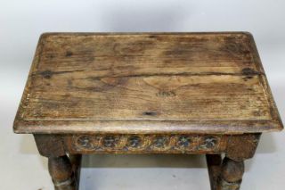 VERY RARE 17TH C PILGRIM JOINT STOOL IN OAK CARVED APRONS OLD SURFACE 9