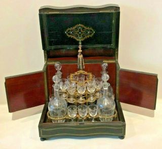 1879,  French Napoleon Iii Antique Cave A Liquor Tantalus W/etched Glasses