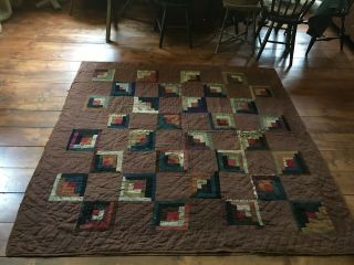 Large Old Antique Handmade Brown Log Cabin Calico Quilt Textile Worn Aafa