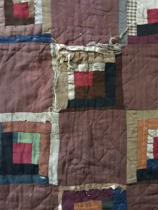 LARGE OLD Antique Handmade Brown Log Cabin Calico Quilt Textile Worn AAFA 3