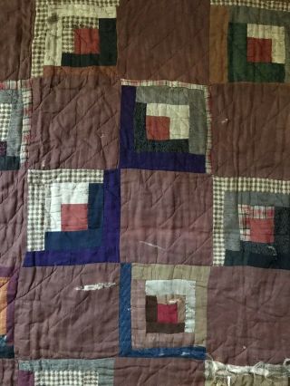 LARGE OLD Antique Handmade Brown Log Cabin Calico Quilt Textile Worn AAFA 4