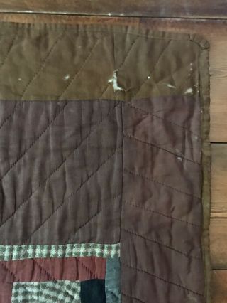 LARGE OLD Antique Handmade Brown Log Cabin Calico Quilt Textile Worn AAFA 5