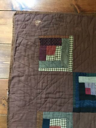 LARGE OLD Antique Handmade Brown Log Cabin Calico Quilt Textile Worn AAFA 6