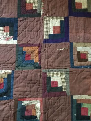 LARGE OLD Antique Handmade Brown Log Cabin Calico Quilt Textile Worn AAFA 7