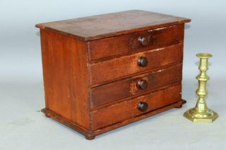 Rare 19th C Table Top 4 Drawer Storage Chest In Red Paint & Bun Feet