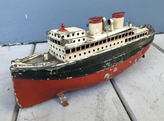 Antique Vintage 13 Inch Bing Marklin Wind Up Clockwork Tin Toy Boat Steam Ship
