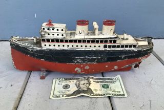 Antique Vintage 13 Inch Bing Marklin Wind Up Clockwork Tin Toy Boat Steam Ship 2