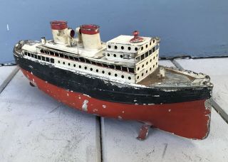 Antique Vintage 13 Inch Bing Marklin Wind Up Clockwork Tin Toy Boat Steam Ship 3