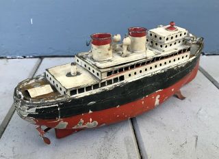 Antique Vintage 13 Inch Bing Marklin Wind Up Clockwork Tin Toy Boat Steam Ship 5