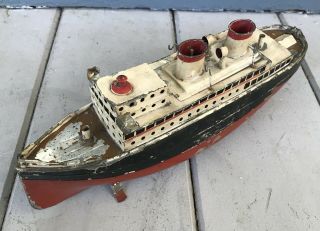 Antique Vintage 13 Inch Bing Marklin Wind Up Clockwork Tin Toy Boat Steam Ship 7