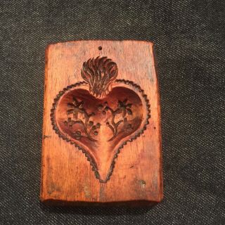 Early Hand Carved Heart Flowers Folk Wooden Treenware Cookie Sugar Mold Press