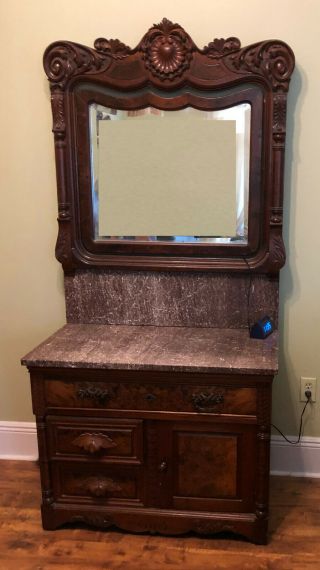 Ch032: American Marble Top W/ Wood Work Washstand W/ Mirror Local Pickup