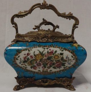 Antique Brass & Enameled Porcelain Handled Jar W/floral Pattern Stamped