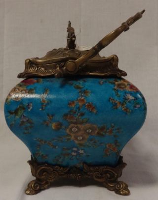 Antique Brass & Enameled Porcelain Handled Jar w/Floral Pattern Stamped 6