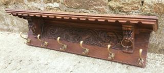 LARGE Antique Vtg French Oak Carved Kitchen Wall Shelf Copper Pot Coat Hat Rack 2