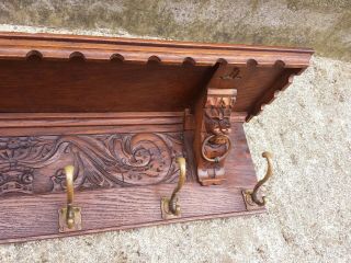 LARGE Antique Vtg French Oak Carved Kitchen Wall Shelf Copper Pot Coat Hat Rack 4