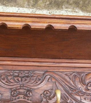 LARGE Antique Vtg French Oak Carved Kitchen Wall Shelf Copper Pot Coat Hat Rack 7