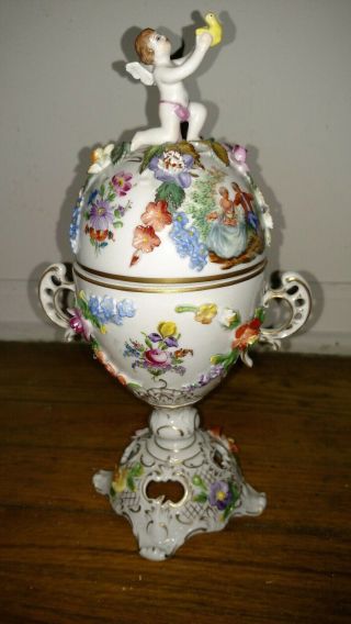 Antique Dresden porcelain egg shaped urn vase cherub angel hand painted scenes 3