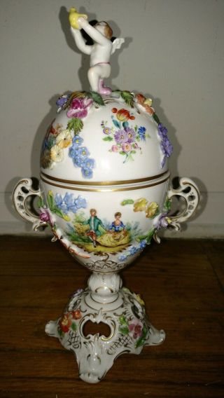 Antique Dresden porcelain egg shaped urn vase cherub angel hand painted scenes 7