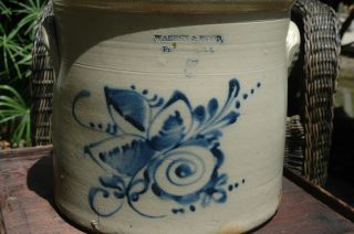 5 Gallon 1875 Salt Glazed Stoneware Crock Cobalt Blue Warren & Wood Rhode Island