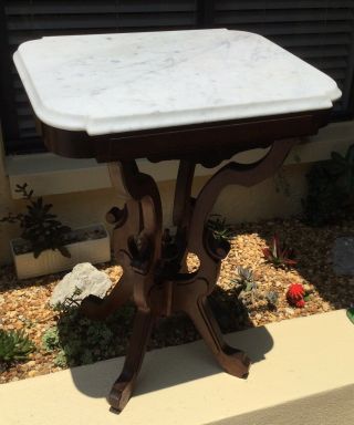 Early Victorian Eastlake Carved Walnut Marble Top Parlor / Side End Table