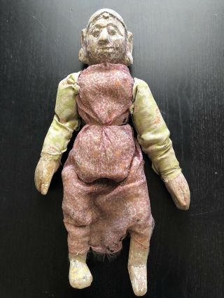Rare Antique Carved Polychrome Reticulated Asian Tibetan Doll Orig Silk Linen