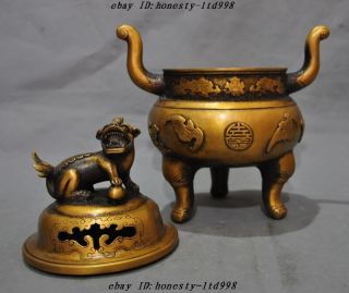 Marked China Bronze Foo Dog Lion Bat Elephant Head Statue Incense burner Censer 10