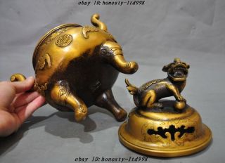 Marked China Bronze Foo Dog Lion Bat Elephant Head Statue Incense burner Censer 12