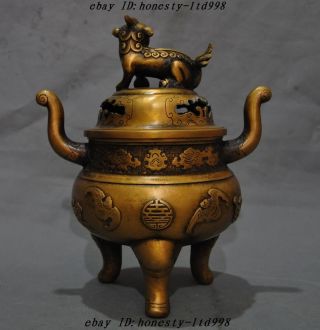 Marked China Bronze Foo Dog Lion Bat Elephant Head Statue Incense burner Censer 6