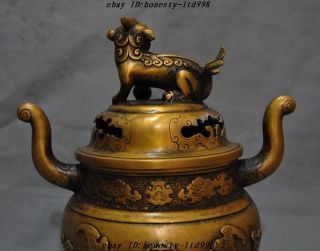 Marked China Bronze Foo Dog Lion Bat Elephant Head Statue Incense burner Censer 9