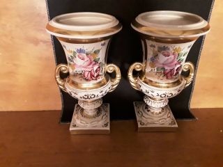 Mantle Vases Victorian Hand Painted Roses,  Gold Accents