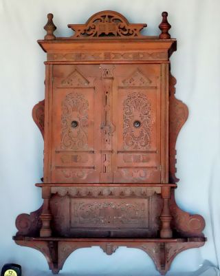 Antique Red Painted Pierce Carved Hanging Wall Cabinet Cupboard C 1900 Pine