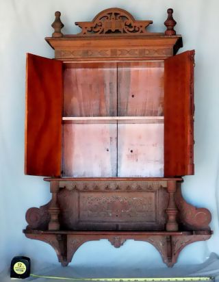 Antique red painted pierce carved hanging wall cabinet cupboard c 1900 pine 2
