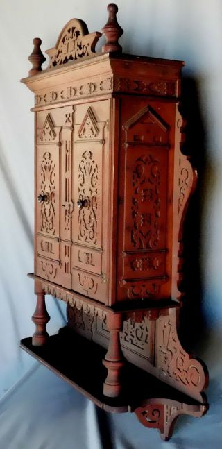 Antique red painted pierce carved hanging wall cabinet cupboard c 1900 pine 5