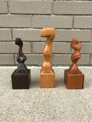 3 Small Biomorphic Wood Sculptures Signed Dated Mid Century Modern Vintage