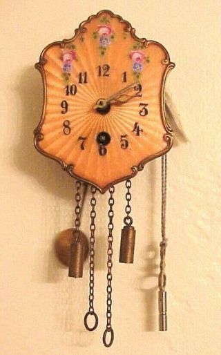 Antique Miniature Peach Guilloche Enamel German Key Wind Pendulum Wall Clock