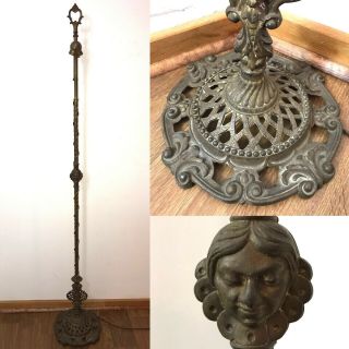 Antique Vtg Art Nouveau Floor Lamp For Slag Glass Shade Cast Iron Brass Ornate