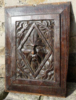 Rare Early 17th Century Charles I Period Carved Oak Green Man Panel C1630
