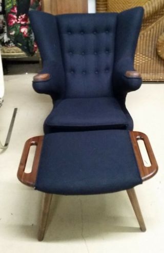 Mcm Style Hans Wegner Papa Bear Chair & Ottoman Navy Fabric Repro Midcentury