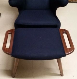 MCM Style Hans Wegner Papa Bear Chair & Ottoman Navy Fabric Repro Midcentury 4
