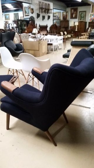 MCM Style Hans Wegner Papa Bear Chair & Ottoman Navy Fabric Repro Midcentury 7