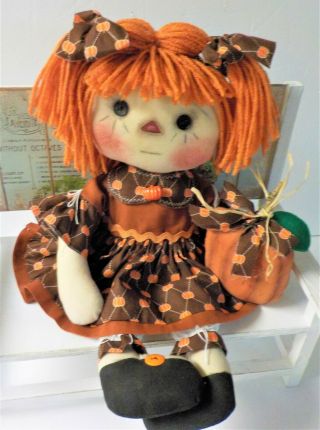 Hm Primitive Raggedy Ann Button Eye Doll " Autumn " Handmade Folk Art Pumpkin
