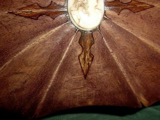 ANTIQ OAK WOOD JEWELRY CASKET BOX w/ PATE DE VERRE CAMEO VELVET PADDING INSIDE 5