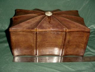 ANTIQ OAK WOOD JEWELRY CASKET BOX w/ PATE DE VERRE CAMEO VELVET PADDING INSIDE 6