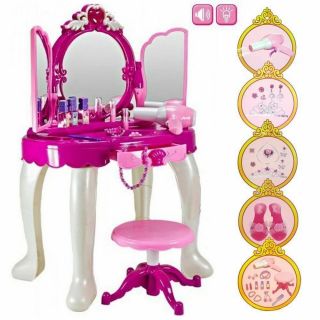 Glamour Large Table Mirror Makeup Dressing Table Stool Girls Playset Toy Vanity