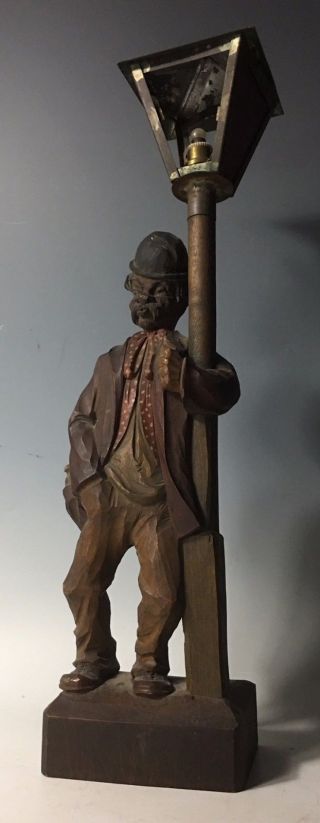Antique Black Forest Automaton Carved Wood Hobo Lamp Karl Griesbaum Whistler