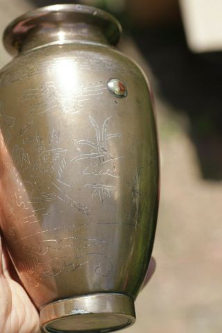 Antique Chinese 18th 19th Century Silver Inlaid Bronze Vase DeerLandscape Signed 9